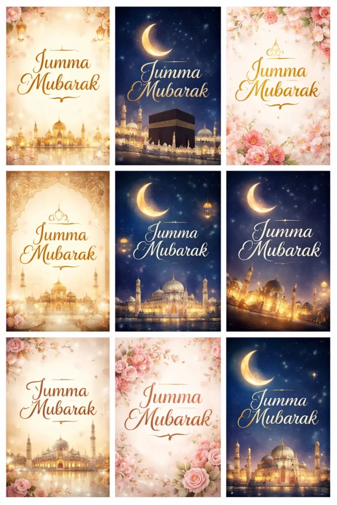 Jumma Mubarak images collection with mosque, lantern, floral and moon designs