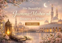 Jumma Mubarak images 2026 with mosque lantern crescent moon and floral design