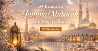 Jumma Mubarak images 2026 with mosque lantern crescent moon and floral design