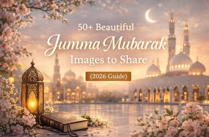 Jumma Mubarak images 2026 with mosque lantern crescent moon and floral design